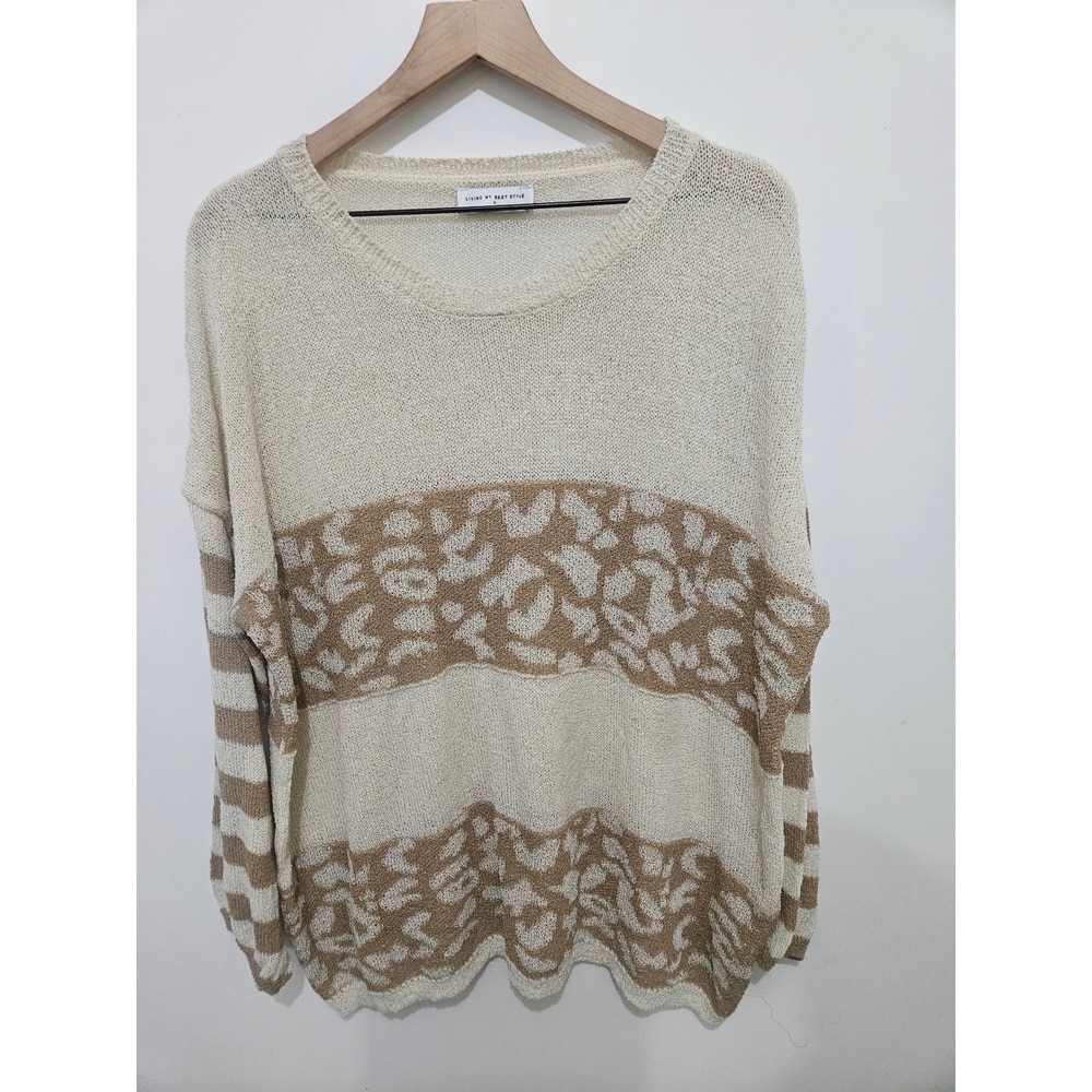 Pink Lily Living My Best Style Leopard Stripe Knit Sweater PL20035 Tan Cream L